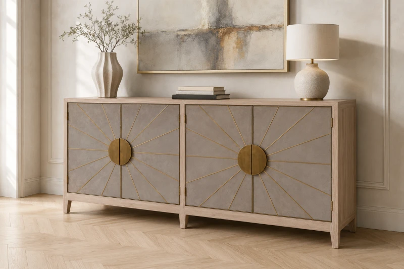 Eaton four-door sideboard 200cm with oak frame, grey panels and gold sunburst detailing
