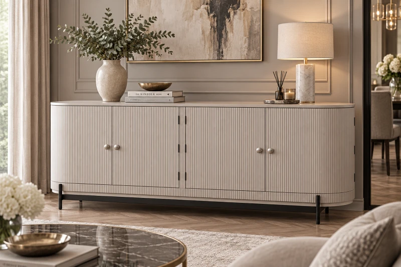 Large cashmere sideboard with four fluted doors and black metal base
