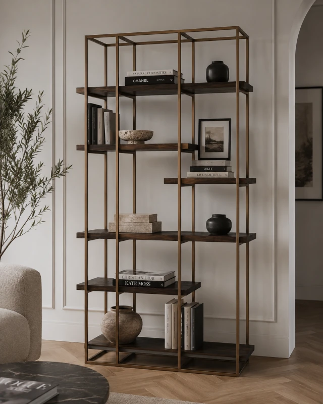 Designer oak shelving unit with brushed bronze frame