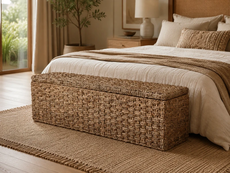Hand-woven water hyacinth bedroom storage chest with closed lid