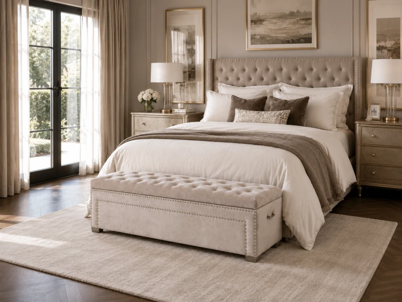 Chelsea beige velvet storage bench positioned at the foot of a bed