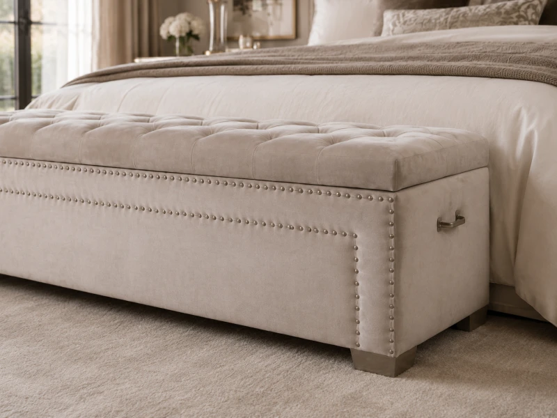 Large beige blanket box for bedding, cushions and throws