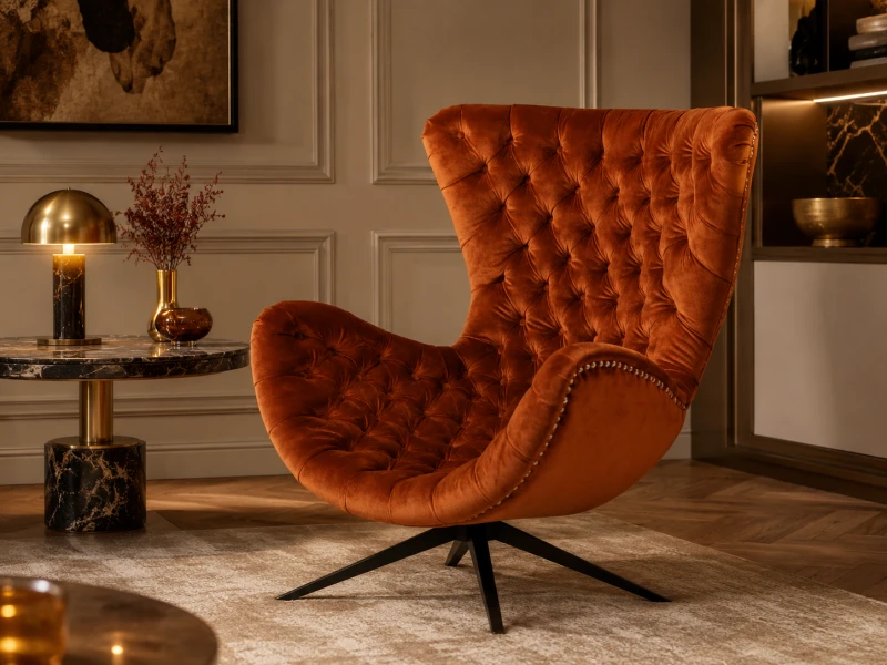 Rust-orange Boscobel armchair with black metal swivel base