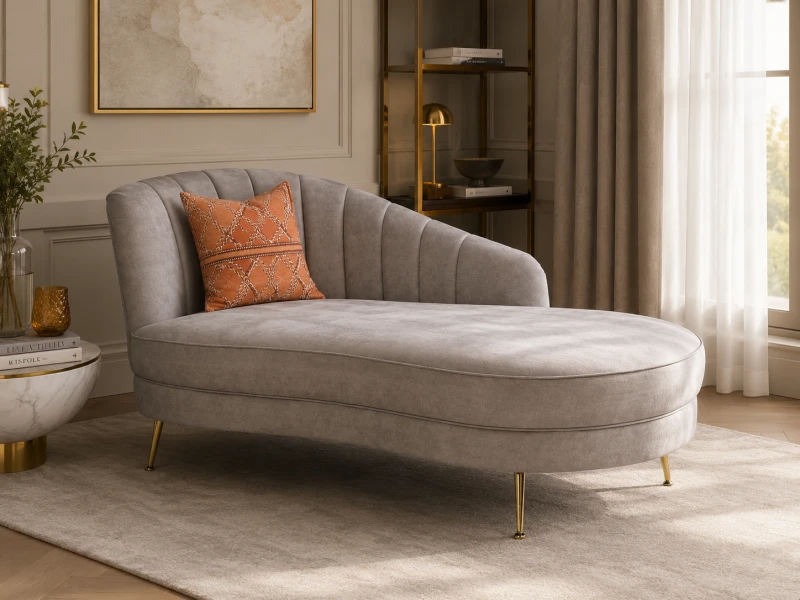 Grey upholstered chaise longue with asymmetrical stitched backrest