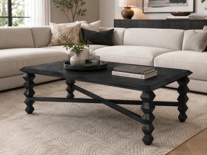 Large rectangular black wooden coffee table for a living room