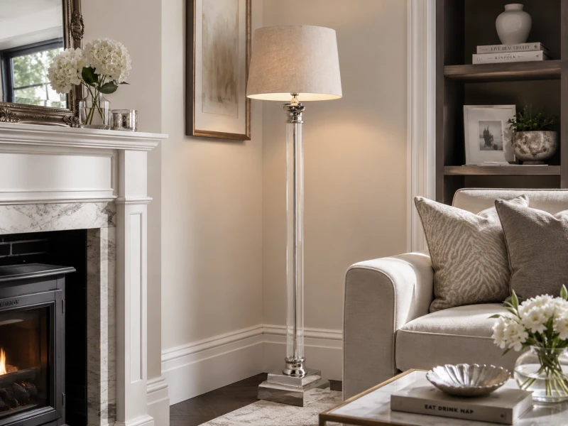 Tall transparent floor lamp with silver-tone metal details