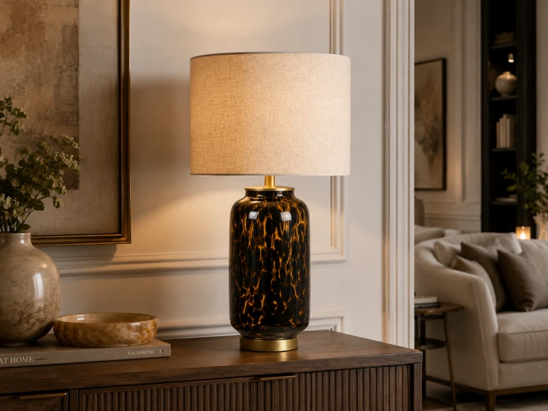 Brown patterned glass table lamp with gold-tone details