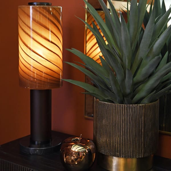 Brown glass lamp with decorative marble-effect pattern