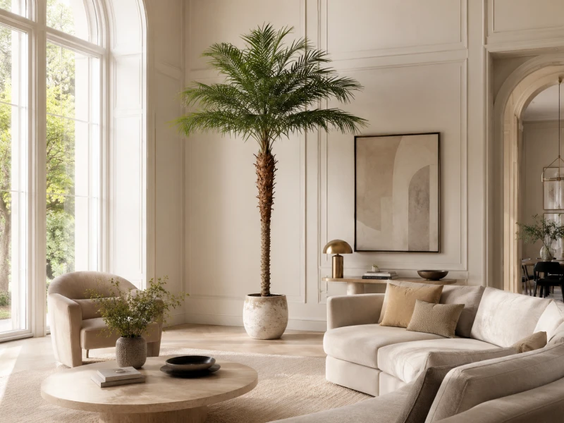 Tall faux palm tree with a textured brown trunk