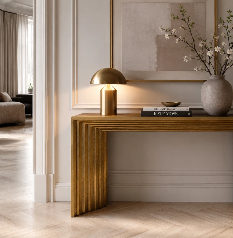 Hand-finished brass console table with geometric Art Deco detailing
