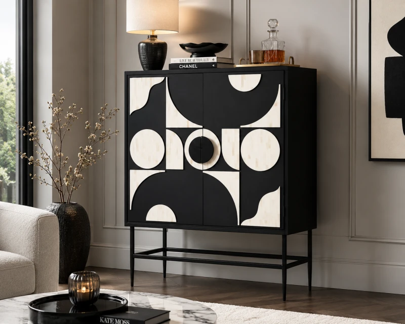 Black drinks cabinet with geometric natural bone inlay