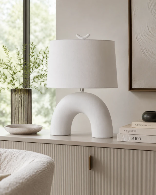 Arch White ceramic table lamp 56cm with linen shade