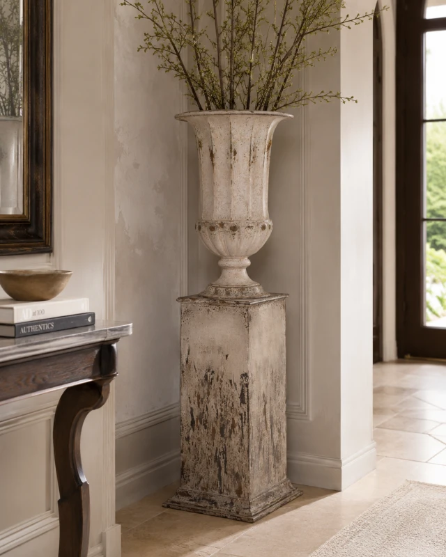 Tall distressed iron planter in an aged ivory finish