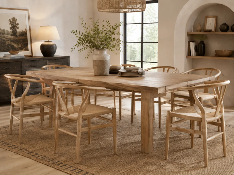 Light wood dining chair with a woven seat