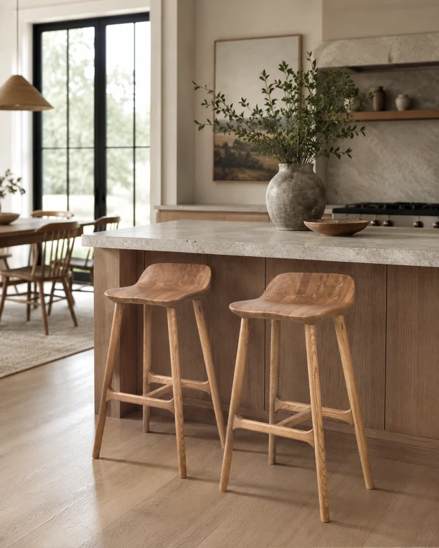 Natural oak bar stool with sculpted wooden seat