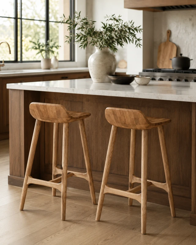 Natural oak bar stool with sculpted wooden seat