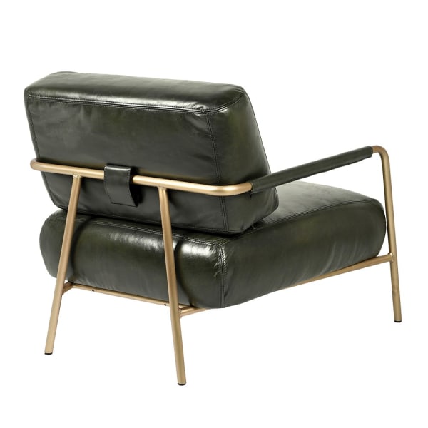 Green leather lounge chair with a brass-toned steel frame