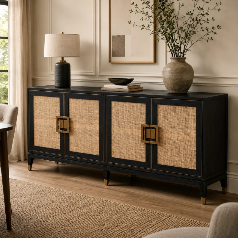 Black oak sideboard with natural woven rattan door fronts