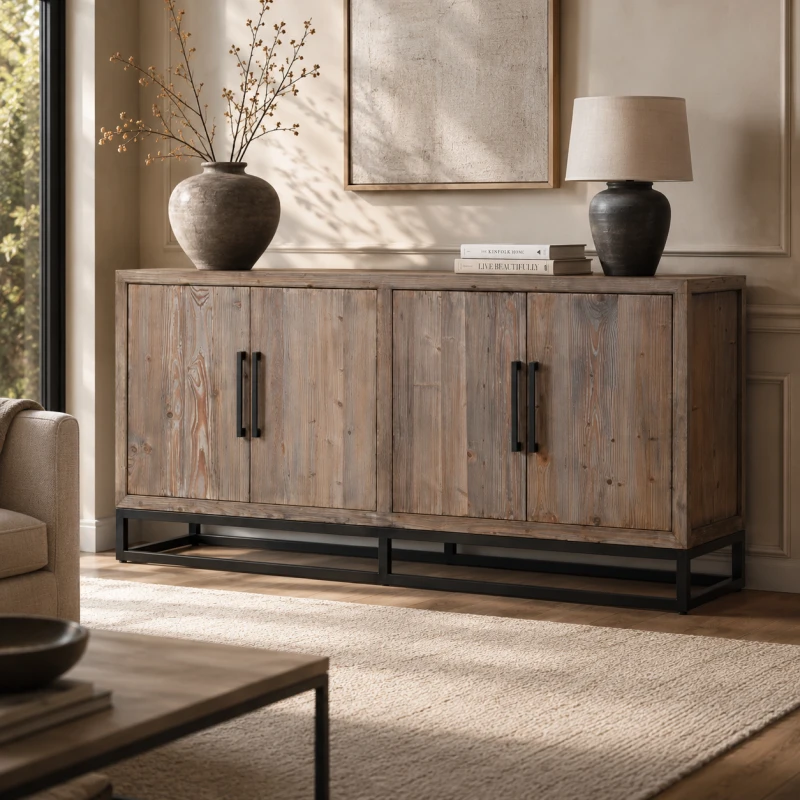 Four-door wooden sideboard made from old pine