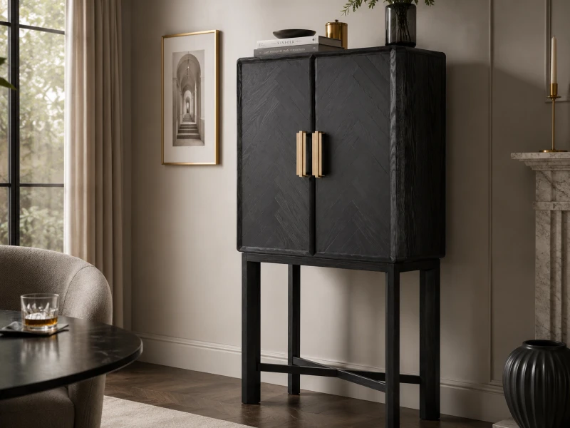Luxury black oak bar cabinet 180 cm with brass details