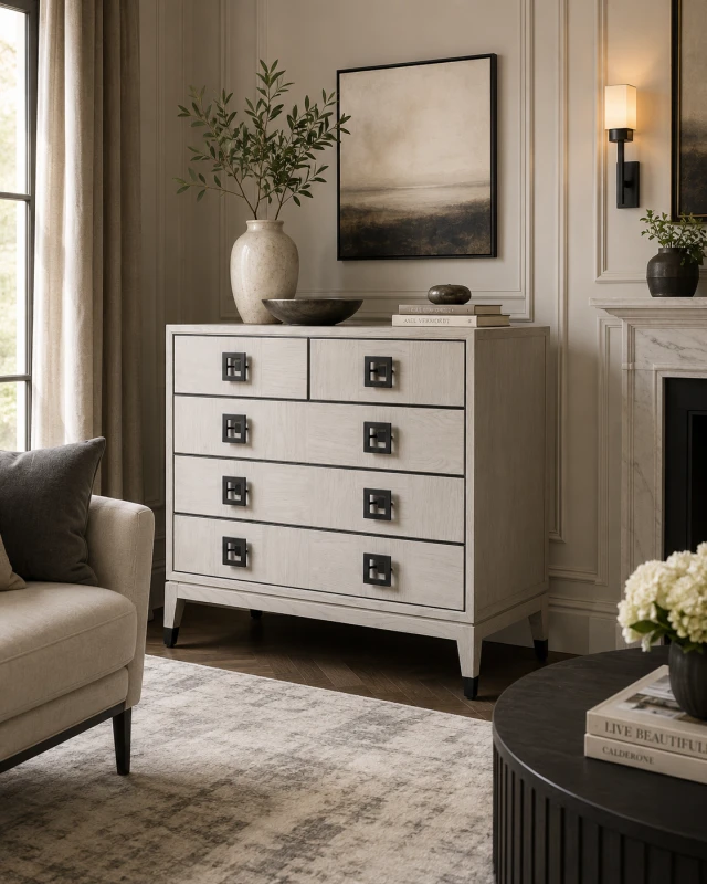 Pale oak chest with black geometric metal handles