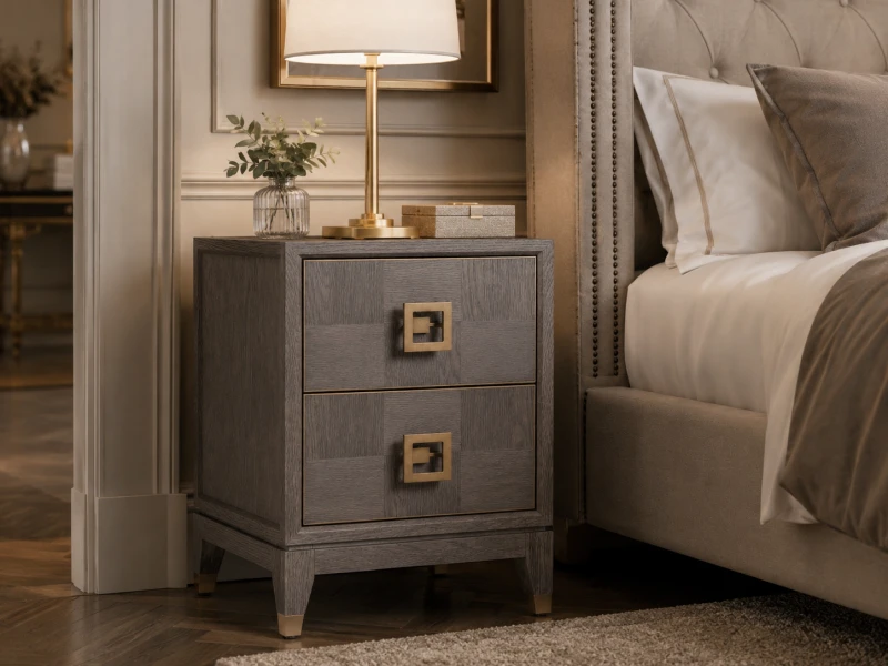 Grey bedside table with two drawers and brass handles