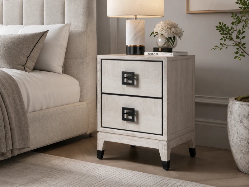Pale oak bedside cabinet with black geometric handles