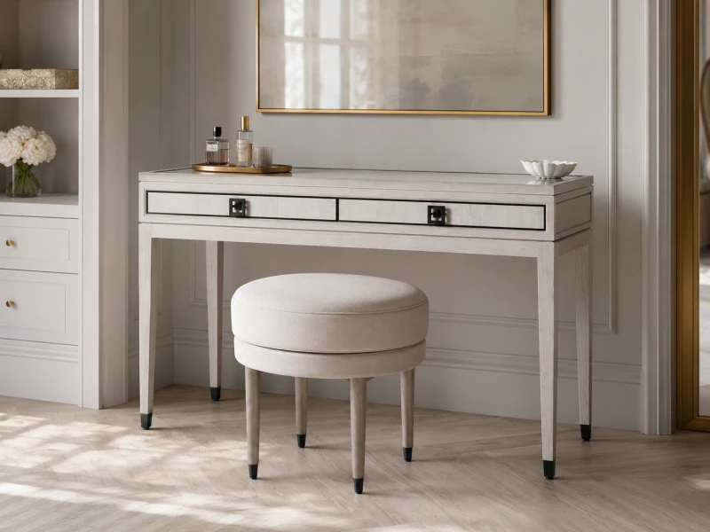Two-drawer vanity with black geometric handles