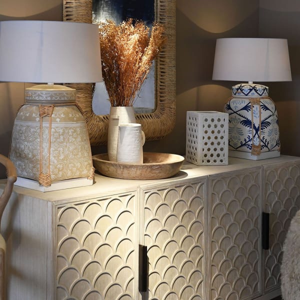 White four-door sideboard with scallop-pattern fronts