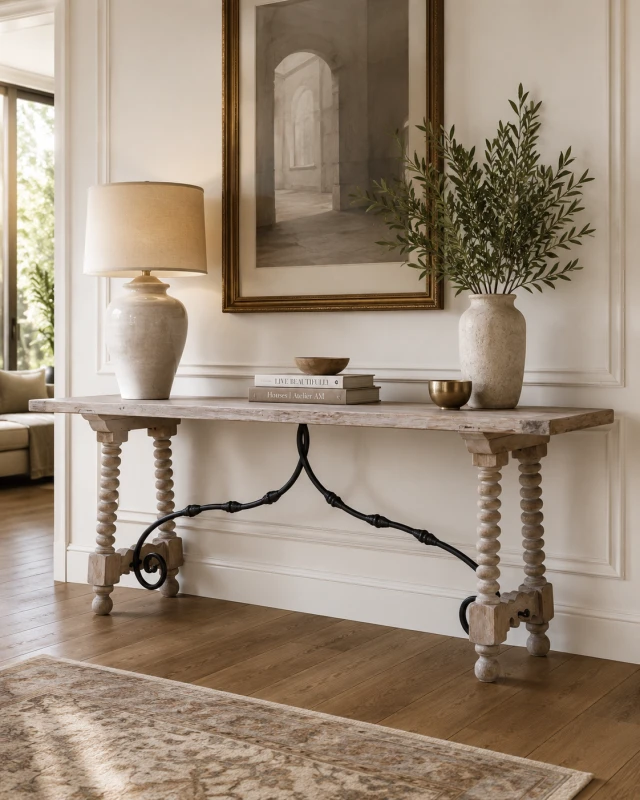 Long pale wood console table with black iron detailing