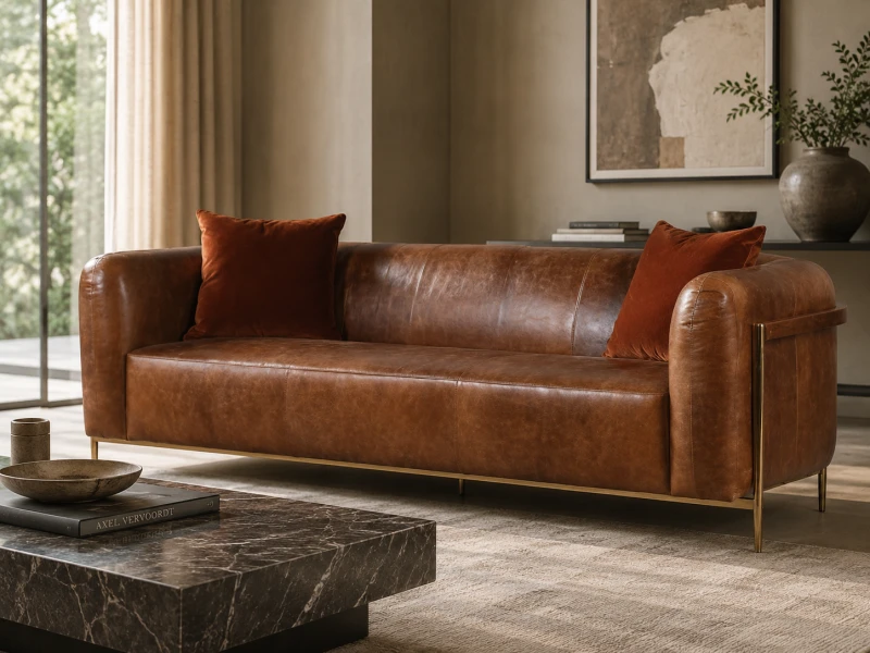 Large brown leather sofa with two rust cushions