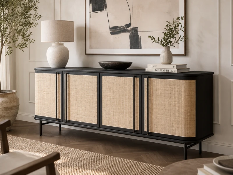 Black four-door sideboard with woven cane panels