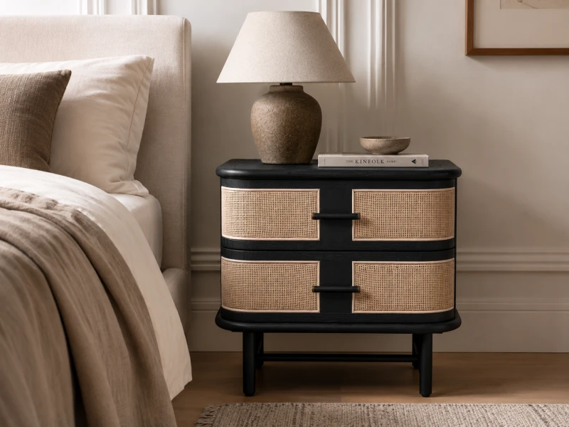 Black bedside cabinet with two woven cane drawers