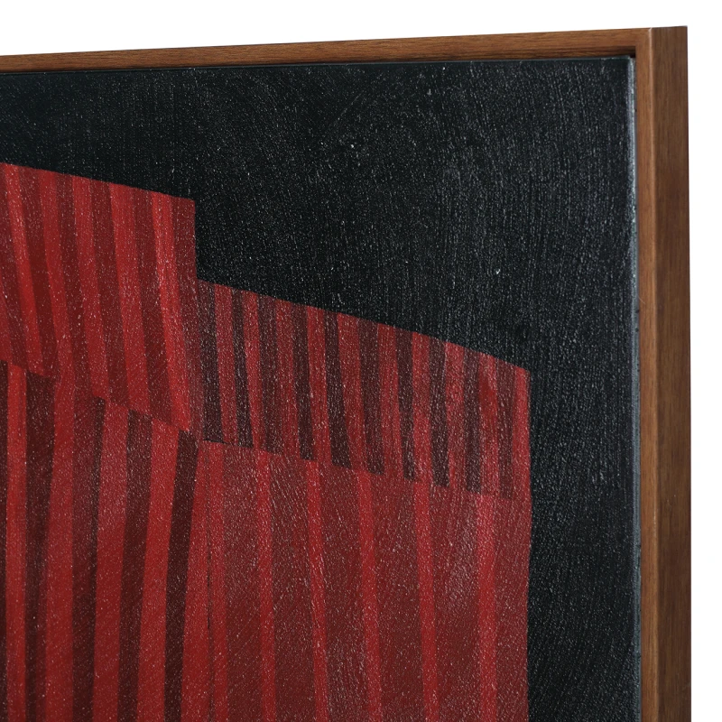 Square red abstract canvas with layered striped forms