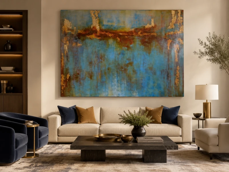 Large abstract oil painting in blue gold and amber