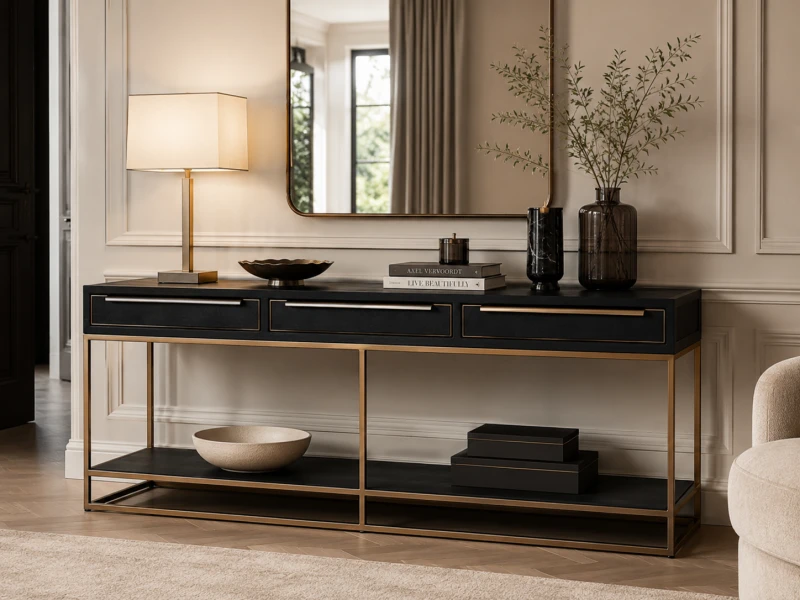 Black console table with three drawers and metal handles