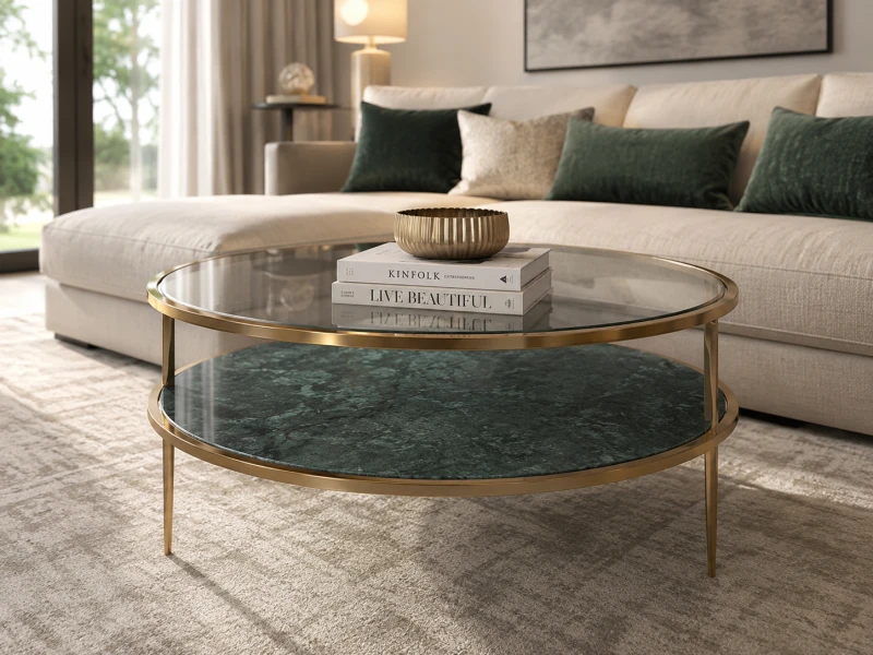 Round coffee table with glass top and gold frame