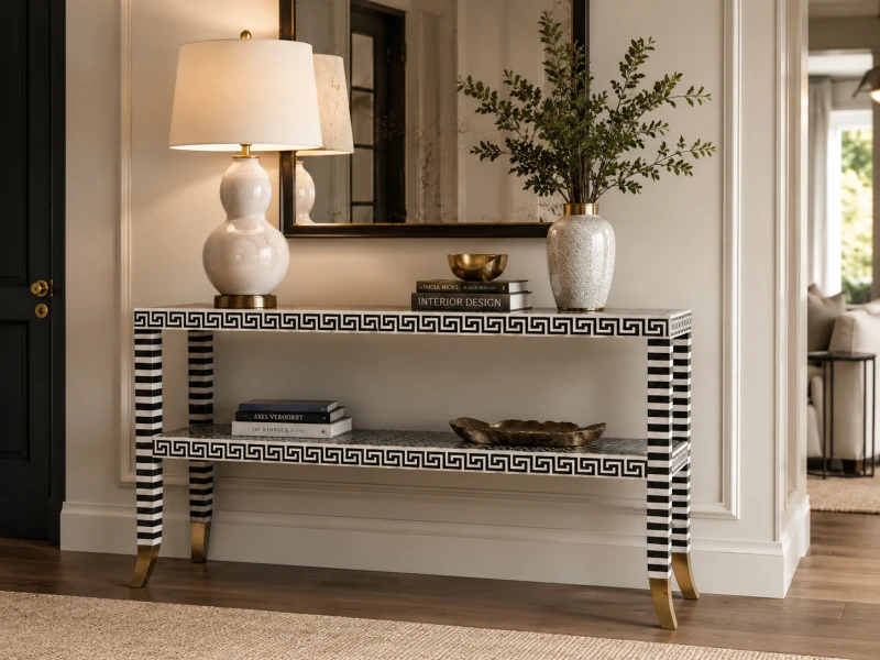 Bone inlay console table with geometric pattern