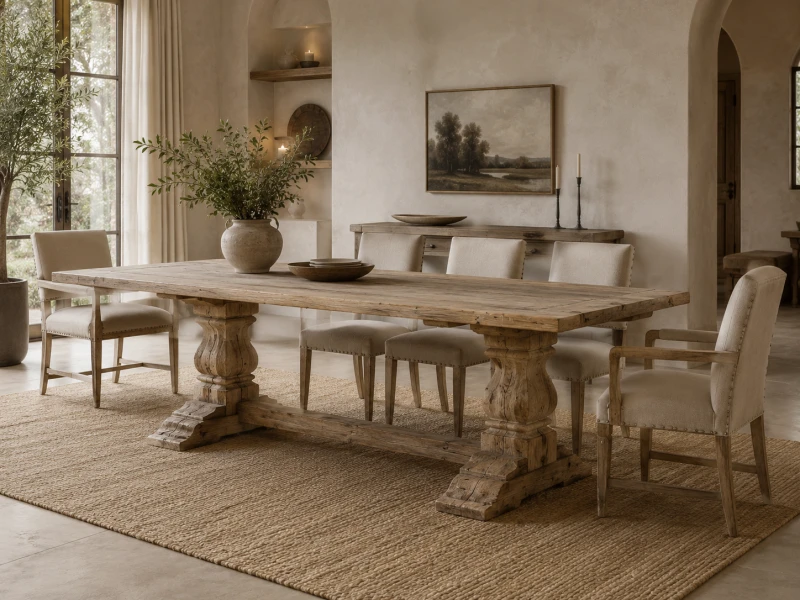 Large natural wood dining table with pedestal legs
