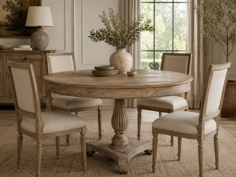 Round natural wood dining table with central pedestal