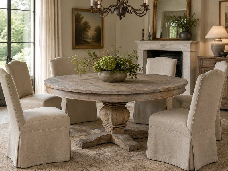Large round natural wood dining table