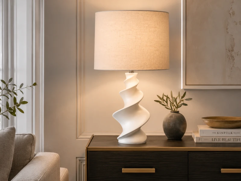 White sculptural table lamp with spiral base
