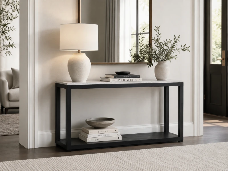 White marble console table with black oak base