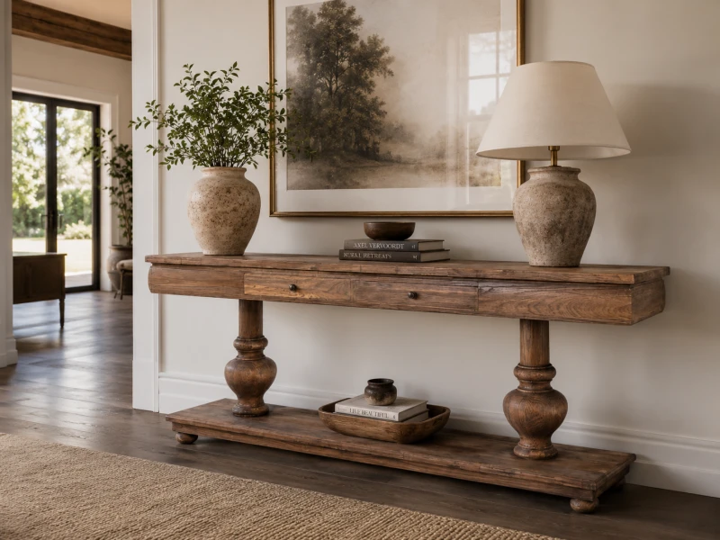 Long reclaimed wood console with three drawers