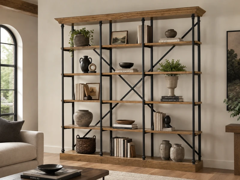 Large shelving unit with natural oak shelves
