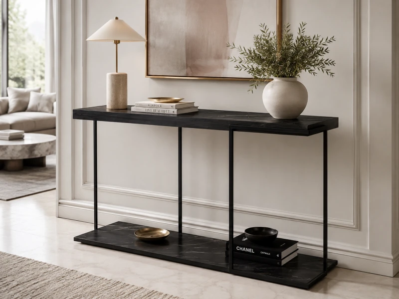 Black console table with marble-effect surfaces
