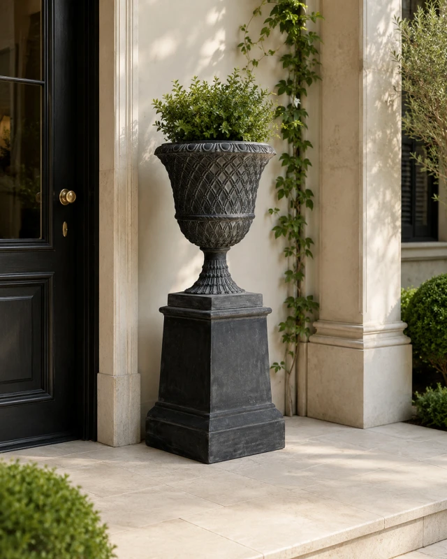 Large black fibreglass urn for an entrance