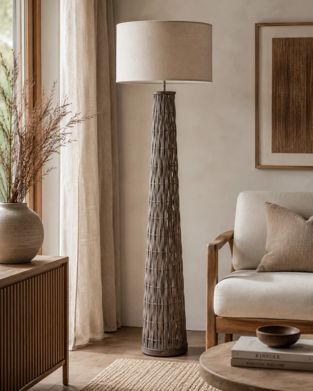 Tall natural floor lamp for a living room