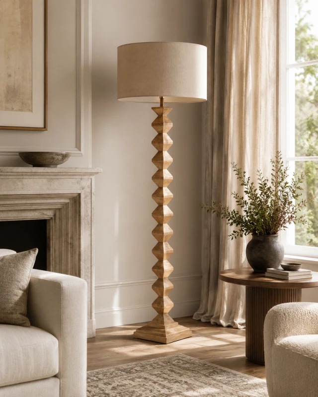 Wooden floor lamp with geometric carved base