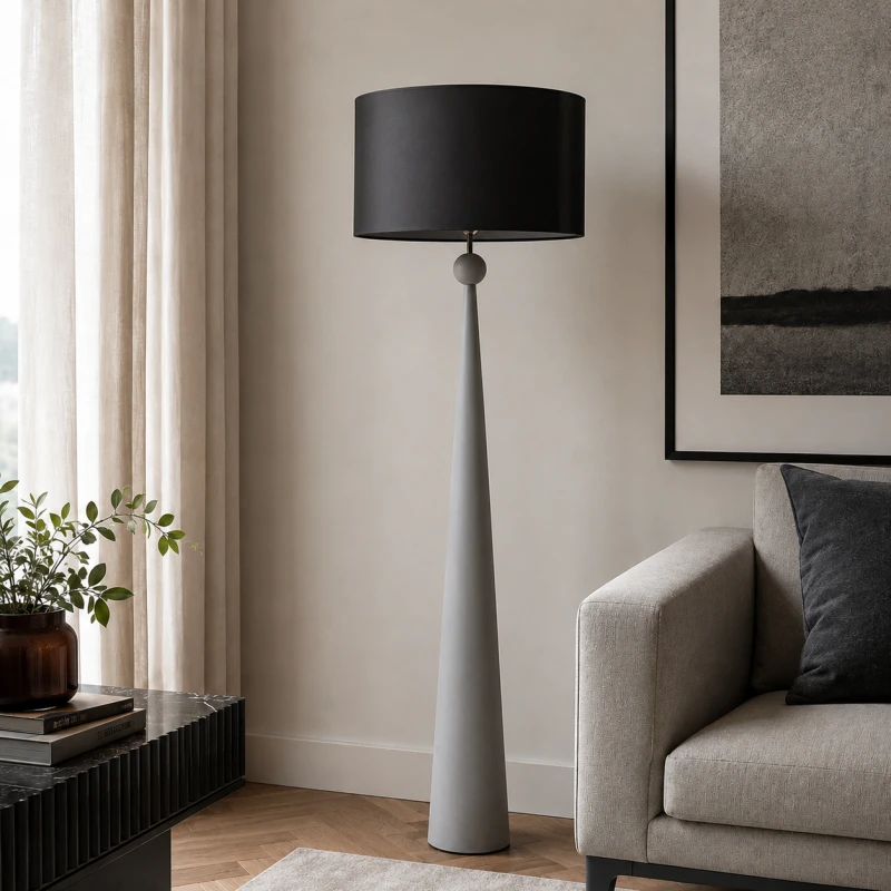 Grey wooden standing lamp with black fabric shade